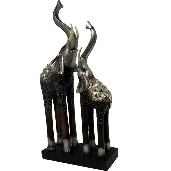 Vintage Mother & Baby Elephant Statue 17"x 7.5" Silver Gold-tone Metal & Wood - Picture 4 of 13